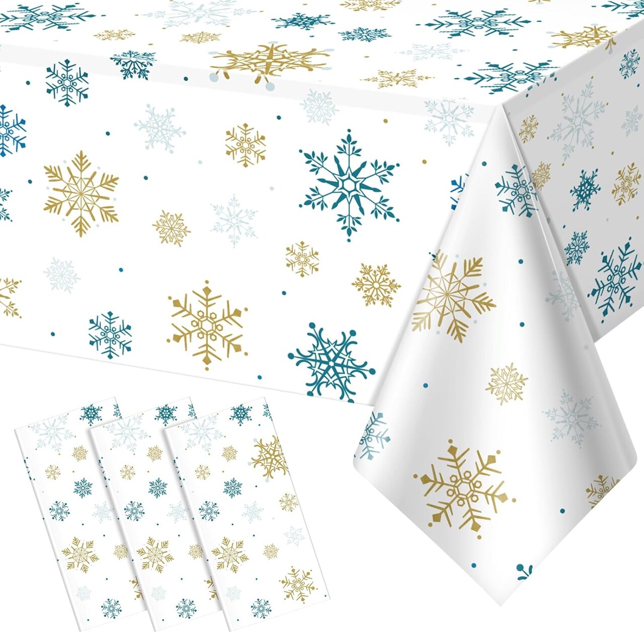 3Pcs Snowflake Plastic Tablecloth Christmas Snowflake Disposable Table Cloth White Blue and Gold Winter Wonderland Table Cover for Winter Holiday Christmas Birthday Party Decorations,54x108 Inch